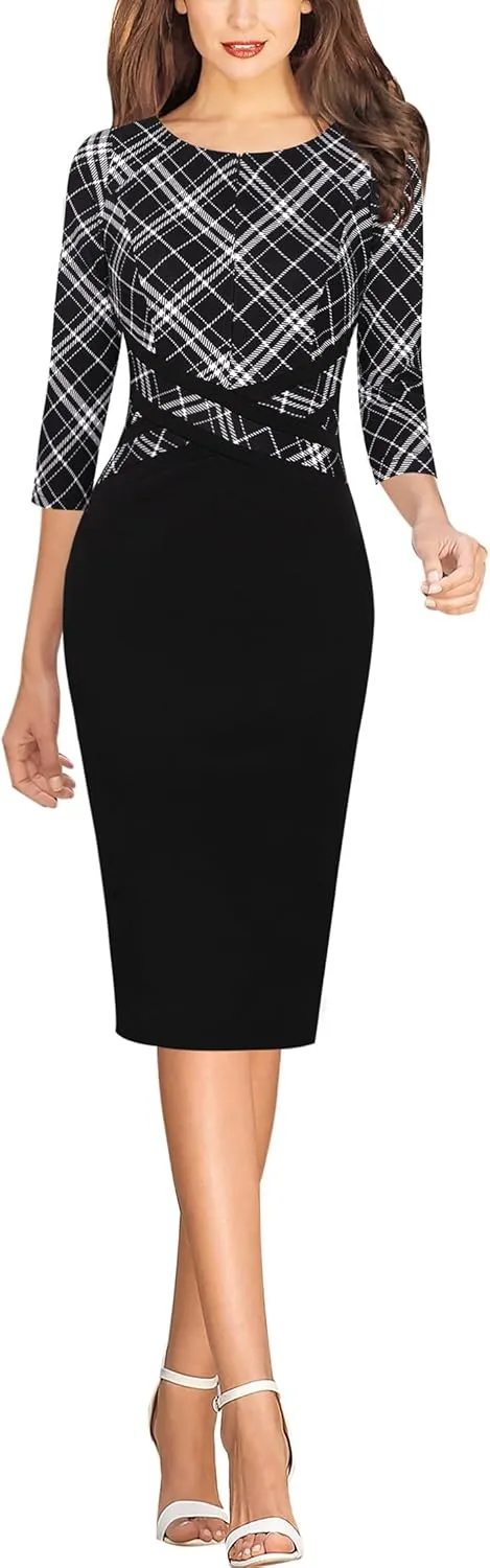 VFSHOW Womens Wear to Work Slim Colorblock Crisscross Waist Front Zipper Business Party Office Bodycon Pencil Sheath Dress