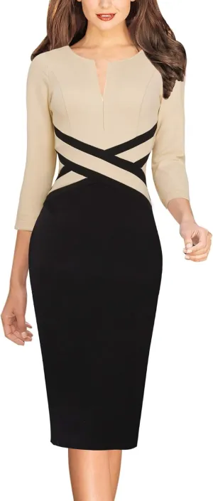 VFSHOW Womens Wear to Work Slim Colorblock Crisscross Waist Front Zipper Business Party Office Bodycon Pencil Sheath Dress