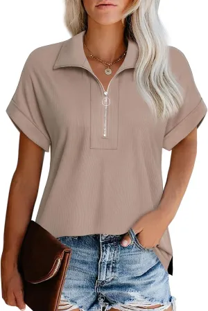 Vivilli Women's Short Sleeve Tops and Blouses Zipper Collar V Neck Business Casual Tops Loose Fit Tunic Shirt Polo Shirts