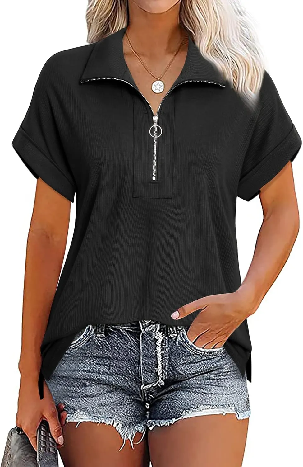 Vivilli Women's Short Sleeve Tops and Blouses Zipper Collar V Neck Business Casual Tops Loose Fit Tunic Shirt Polo Shirts