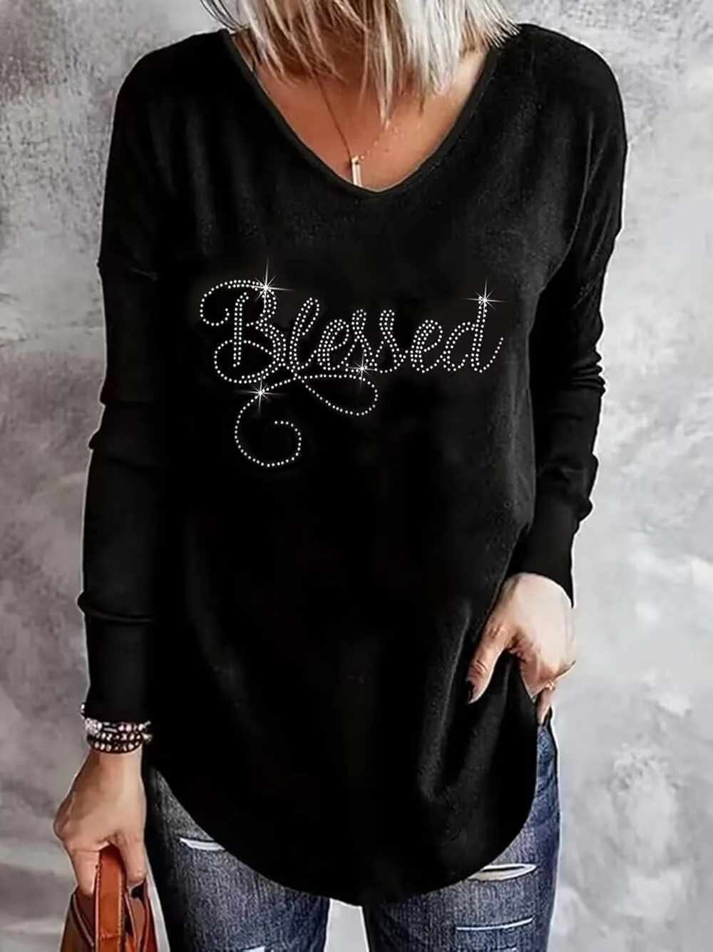 VKEGNIO Rhinestone Heart V Neck Shirts Womens Funny Heart Printed Pattern Pullover Casual Loose Long Sleeve Tunic Shirt Tops