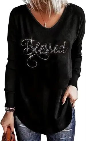 VKEGNIO Rhinestone Heart V Neck Shirts Womens Funny Heart Printed Pattern Pullover Casual Loose Long Sleeve Tunic Shirt Tops