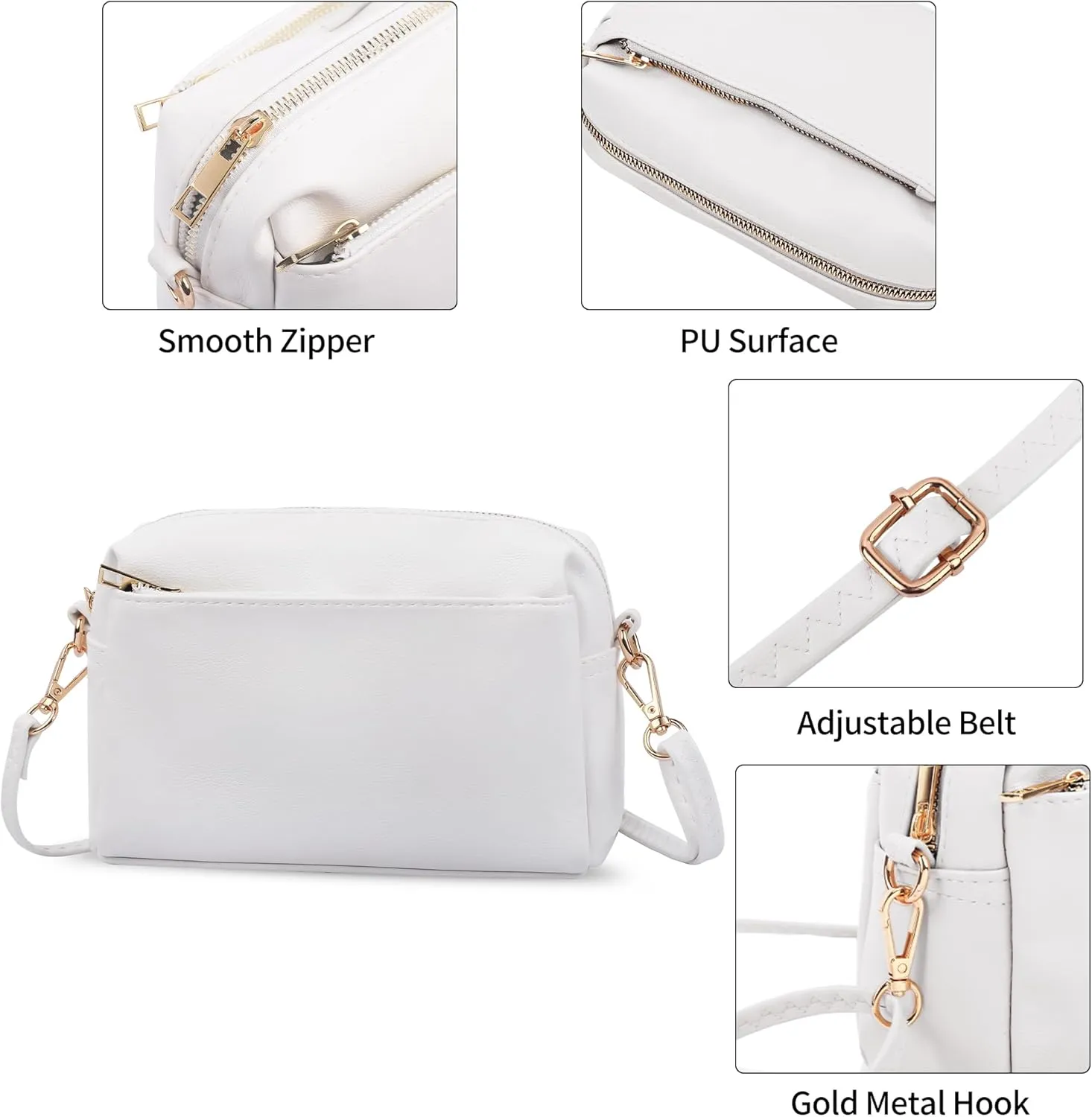 VOROLO Crossbody Bag Small Leather Triple Zip Crossbody Purse Shoulder Bag with Ajustable Strap for Women WHITE