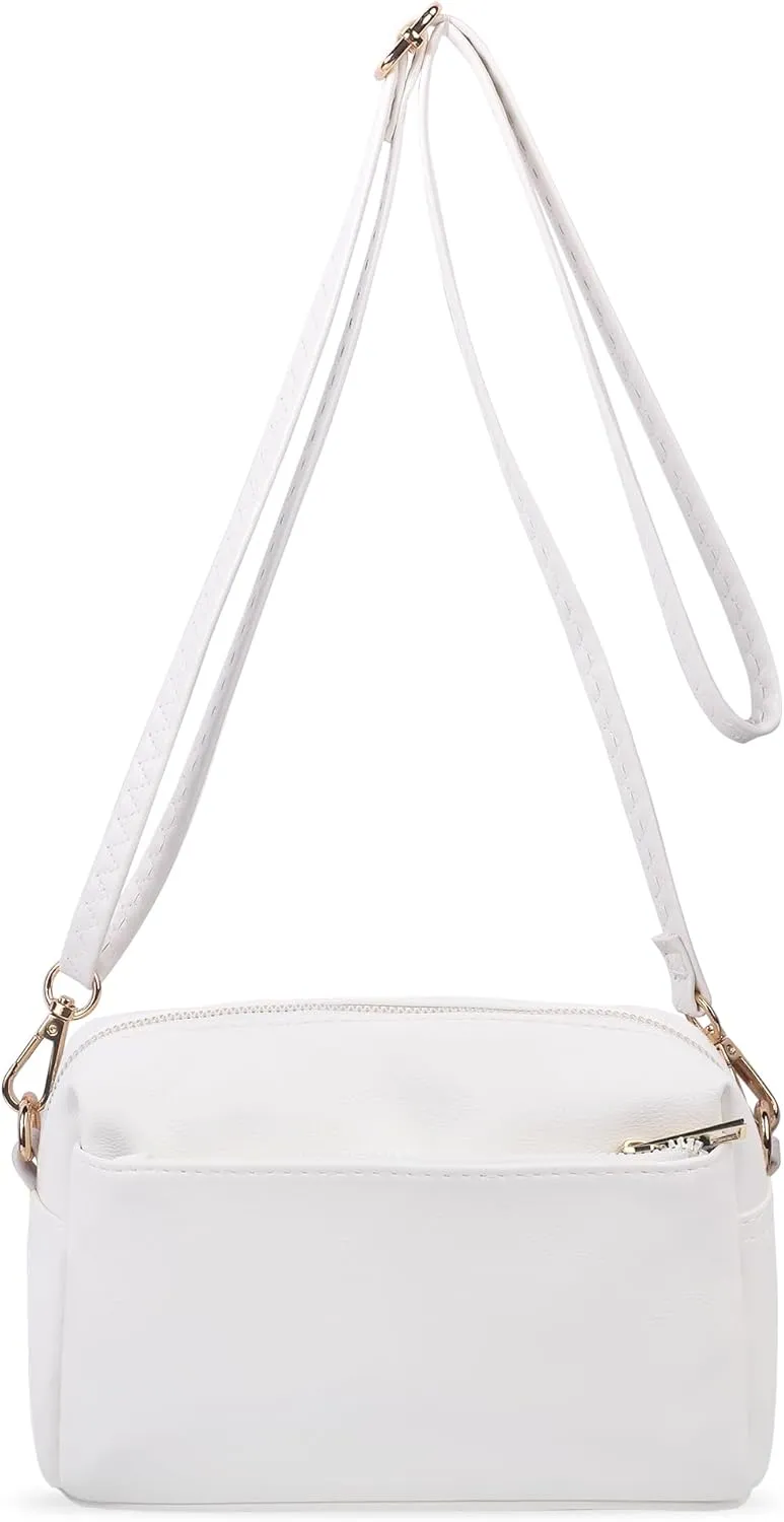VOROLO Crossbody Bag Small Leather Triple Zip Crossbody Purse Shoulder Bag with Ajustable Strap for Women WHITE
