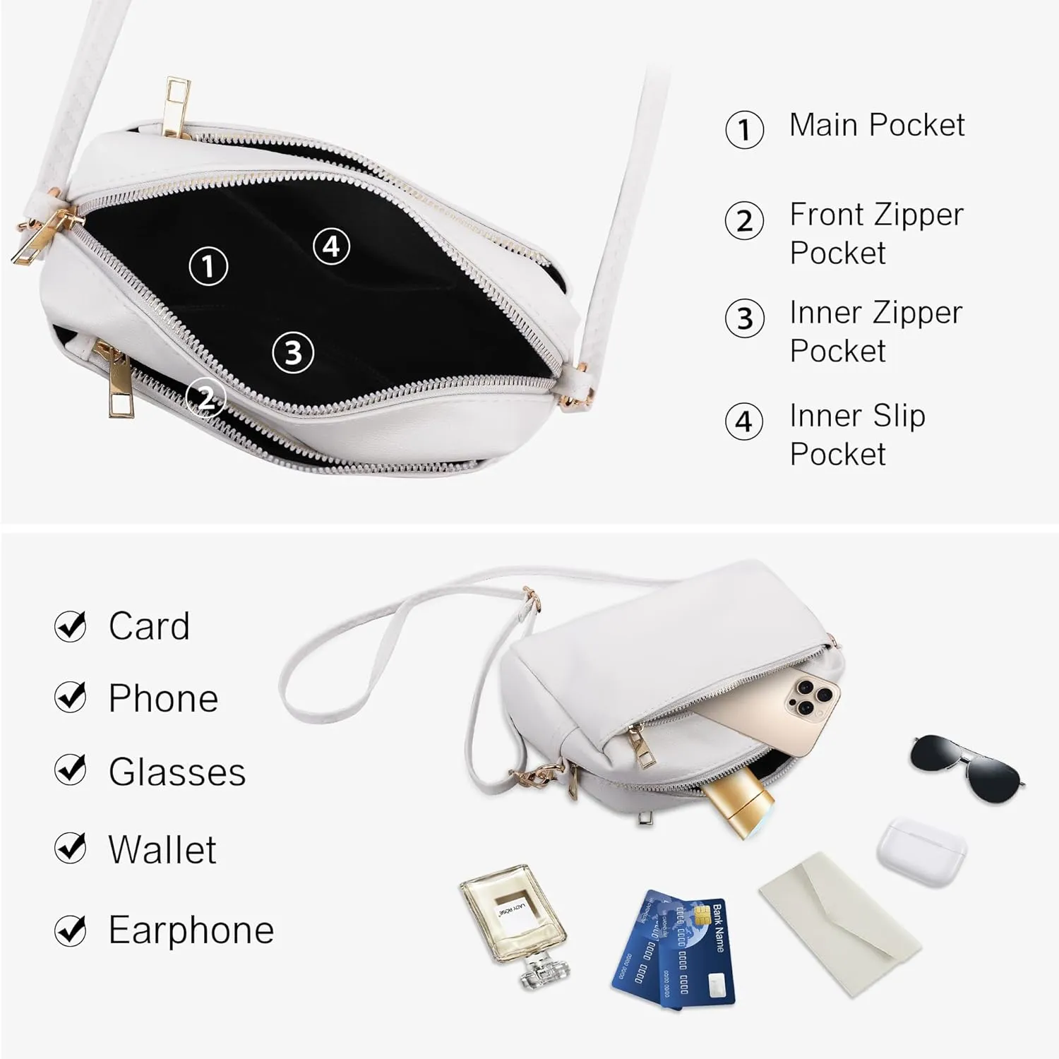 VOROLO Crossbody Bag Small Leather Triple Zip Crossbody Purse Shoulder Bag with Ajustable Strap for Women WHITE