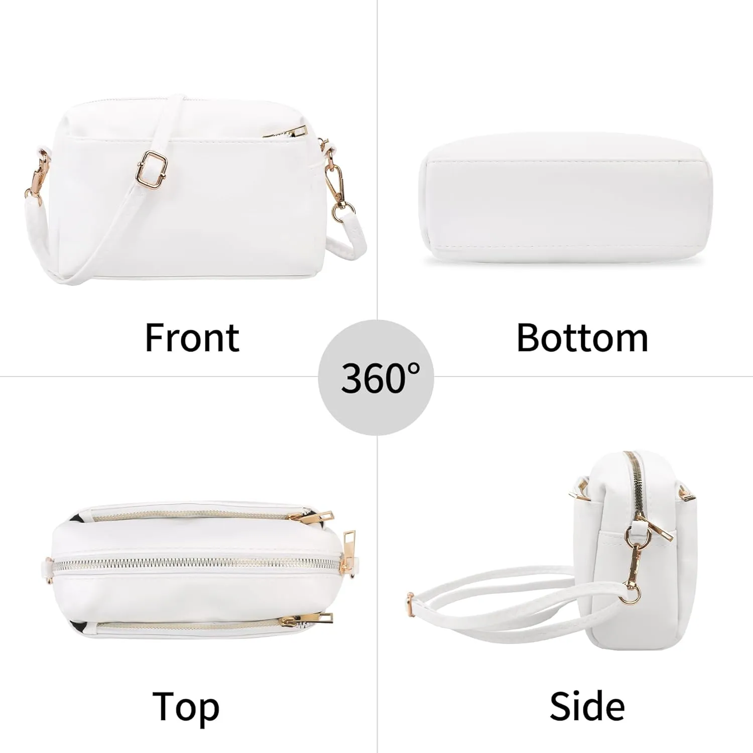 VOROLO Crossbody Bag Small Leather Triple Zip Crossbody Purse Shoulder Bag with Ajustable Strap for Women WHITE