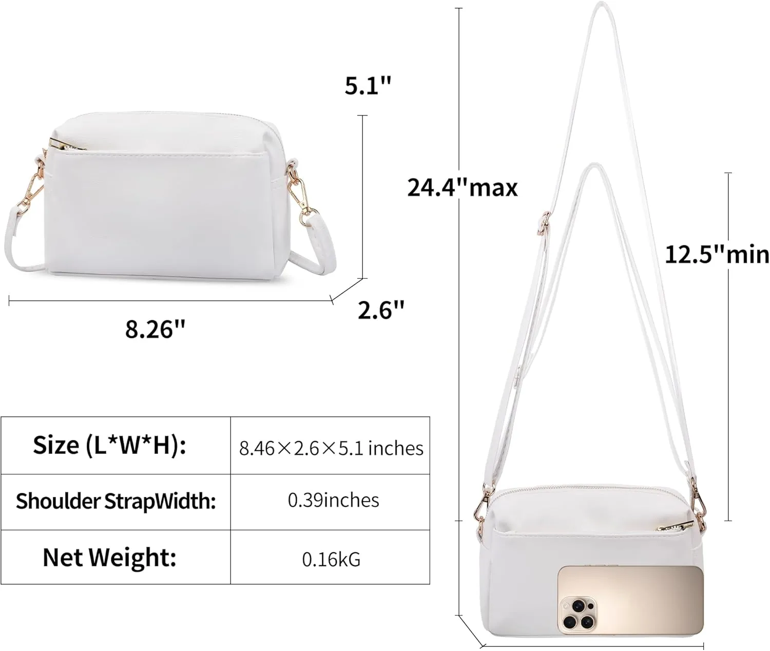 VOROLO Crossbody Bag Small Leather Triple Zip Crossbody Purse Shoulder Bag with Ajustable Strap for Women WHITE