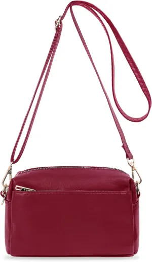 VOROLO Crossbody Bag Triple Zip Small Leather Cross body Purse Shoulder Bag with Ajustable Strap for Women Burgundy