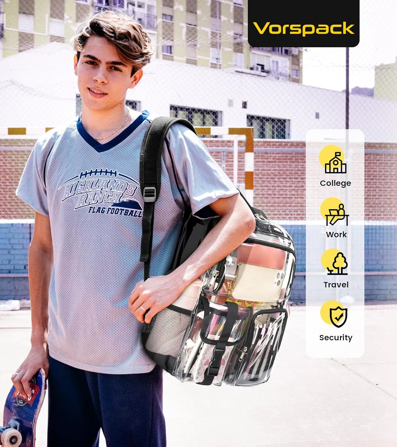 Vorspack Clear Backpack for School - Heavy Duty Transparent Bookbag for Girls Boys Extra Large See Through backpacks for Work, College, Travel - Black