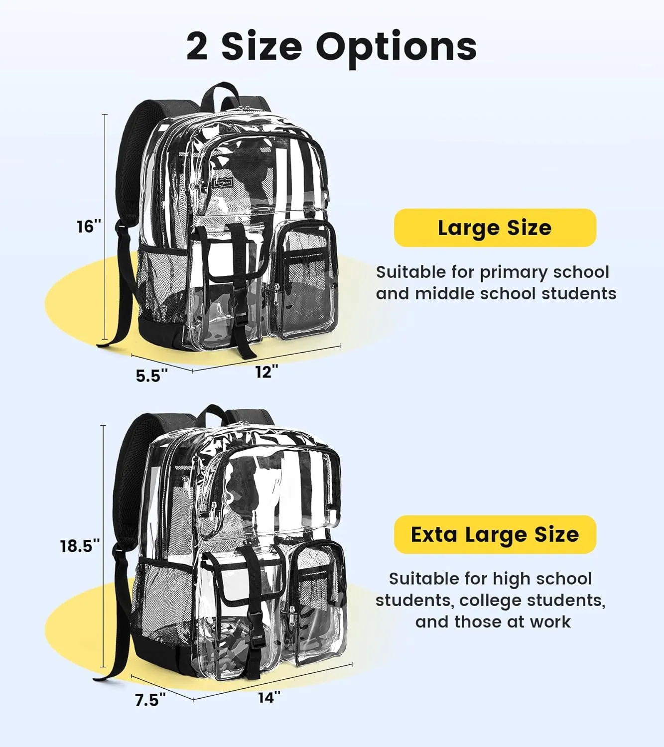 Vorspack Clear Backpack for School - Heavy Duty Transparent Bookbag for Girls Boys Extra Large See Through backpacks for Work, College, Travel - Black