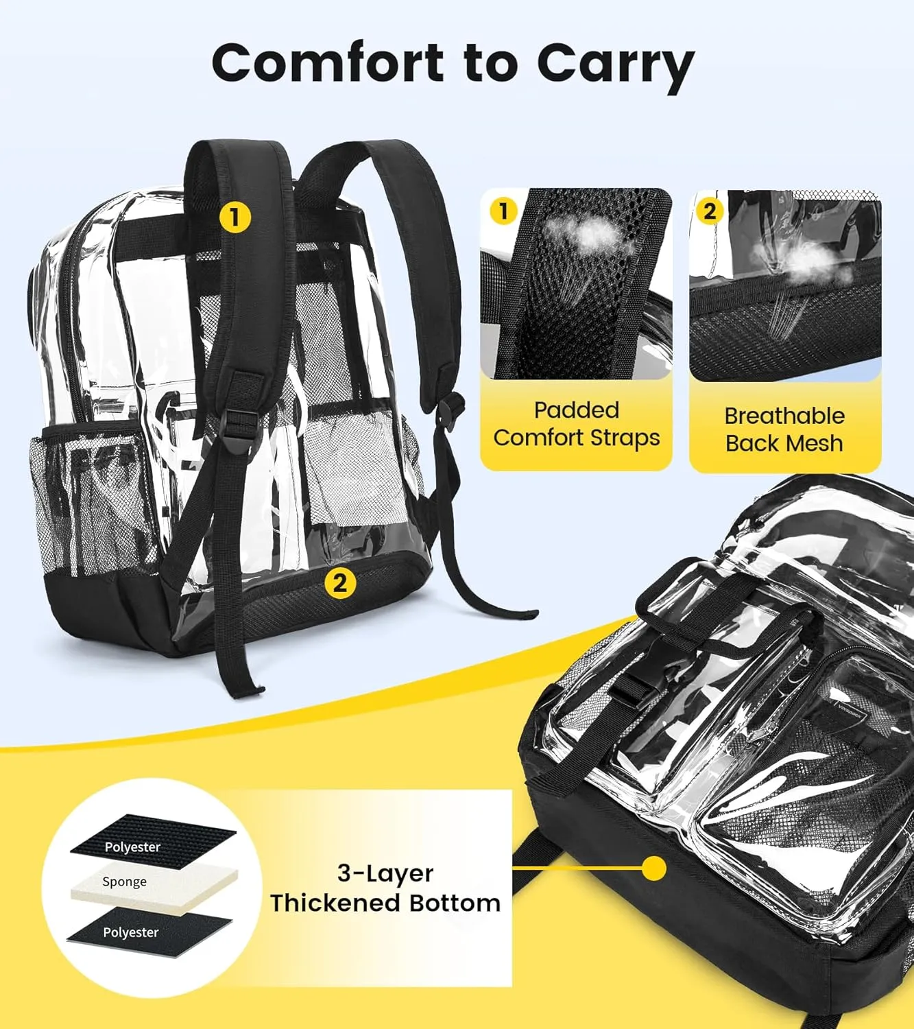 Vorspack Clear Backpack for School - Heavy Duty Transparent Bookbag for Girls Boys Extra Large See Through backpacks for Work, College, Travel - Black