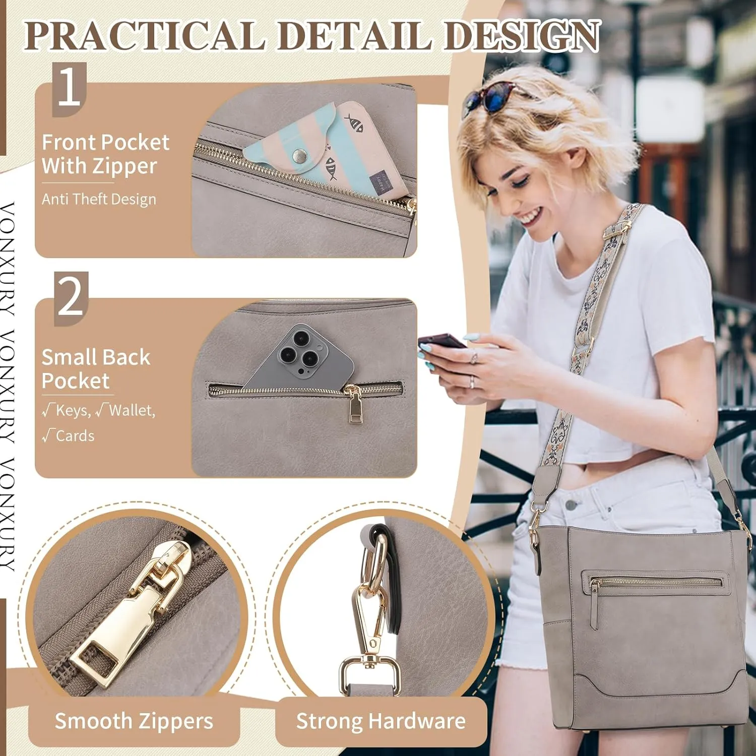 VX VONXURY Crossbody Bag for Women, Trendy Vegan Leather Shoulder Bag, Designer Bucket Bag with 2PCS Adjustable Straps