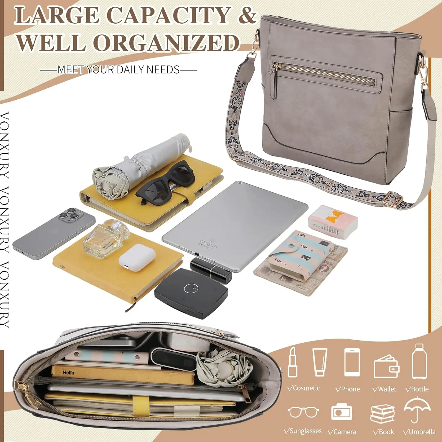 VX VONXURY Crossbody Bag for Women, Trendy Vegan Leather Shoulder Bag, Designer Bucket Bag with 2PCS Adjustable Straps