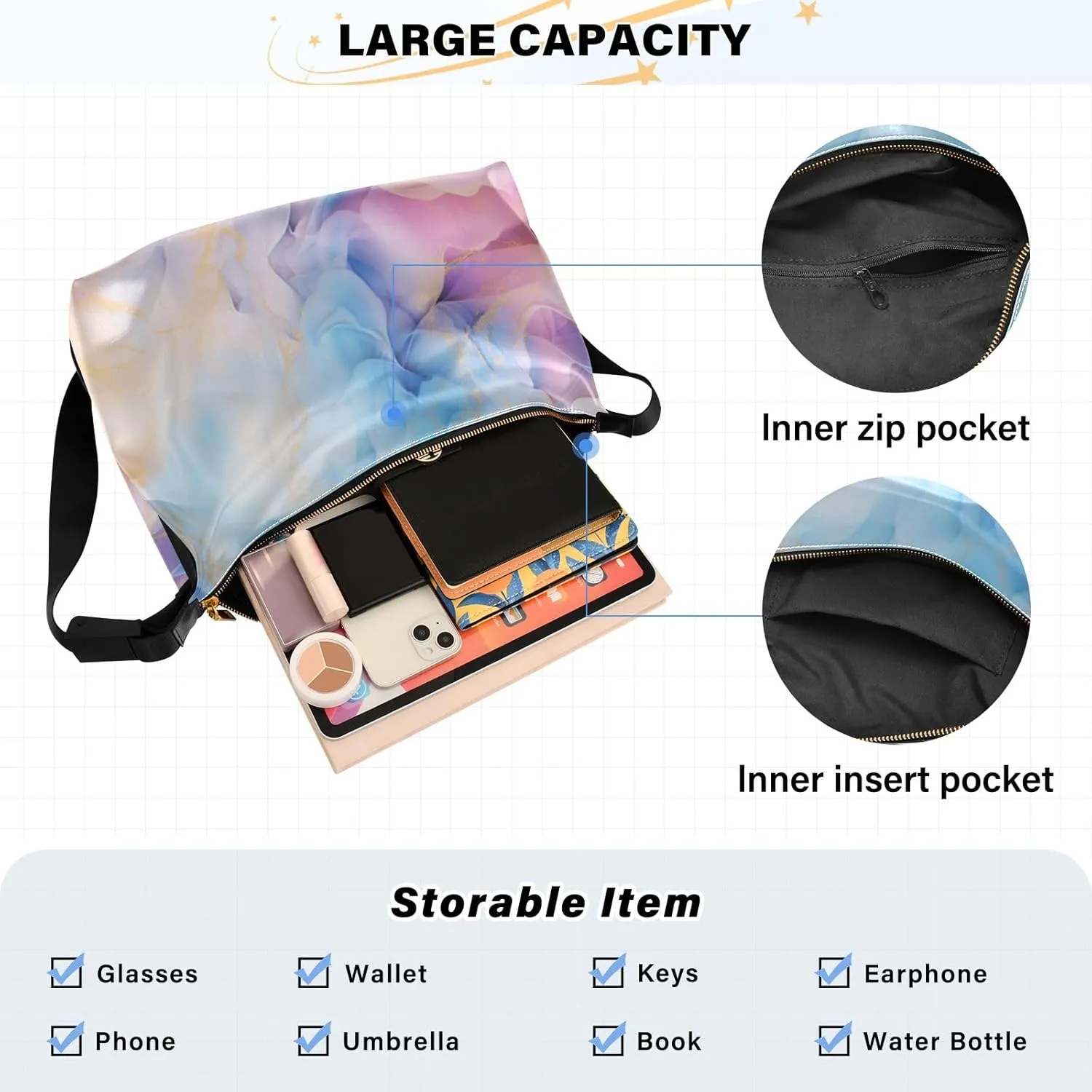 Watercolor Tree and Stars Leather Crossbody Bag, Lightweight Shoulder Hobo Bag, Lady Leather Bag