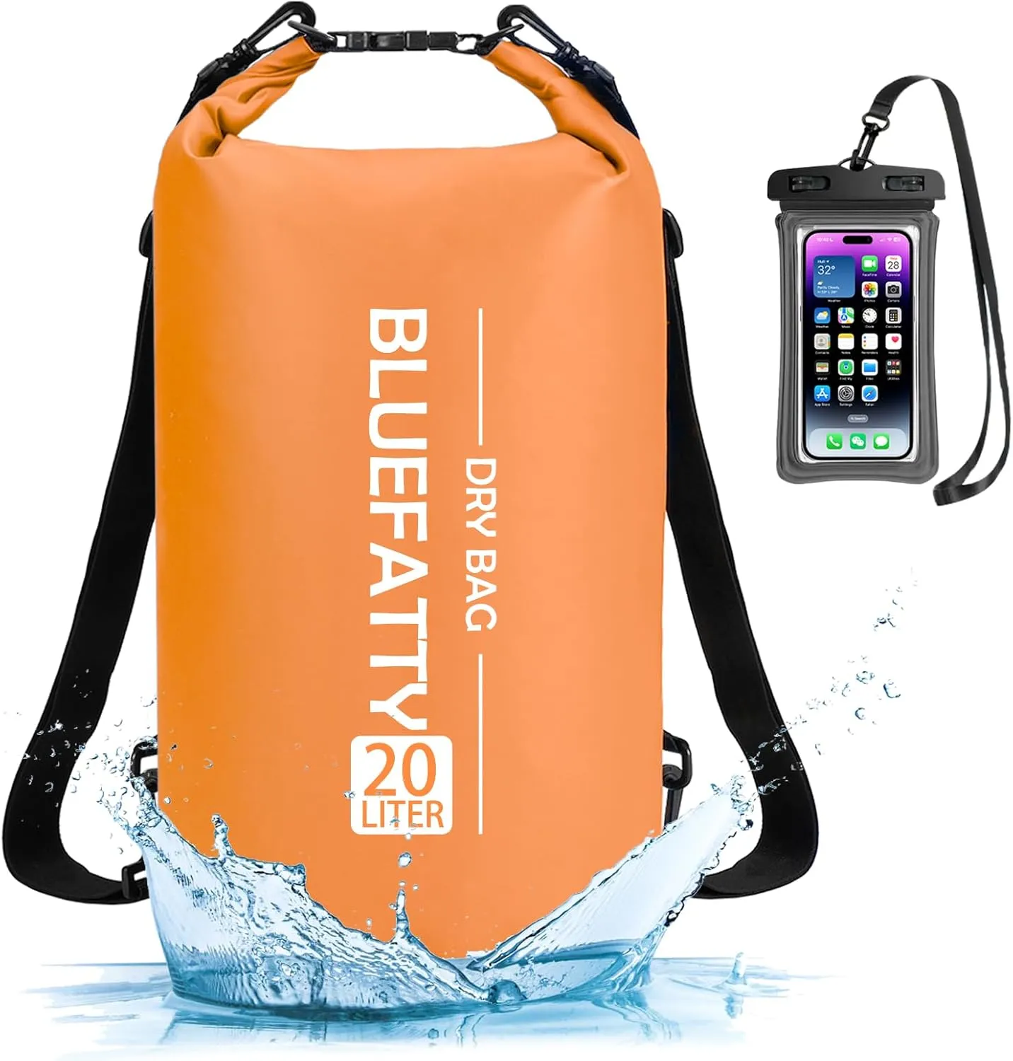 Waterproof Dry Bag Floating Roll Top Dry Backpack for Kayaking, Rafting, Boating, SUP, Fishing with IPX8 Waterproof Phone Case, Orange, 20L