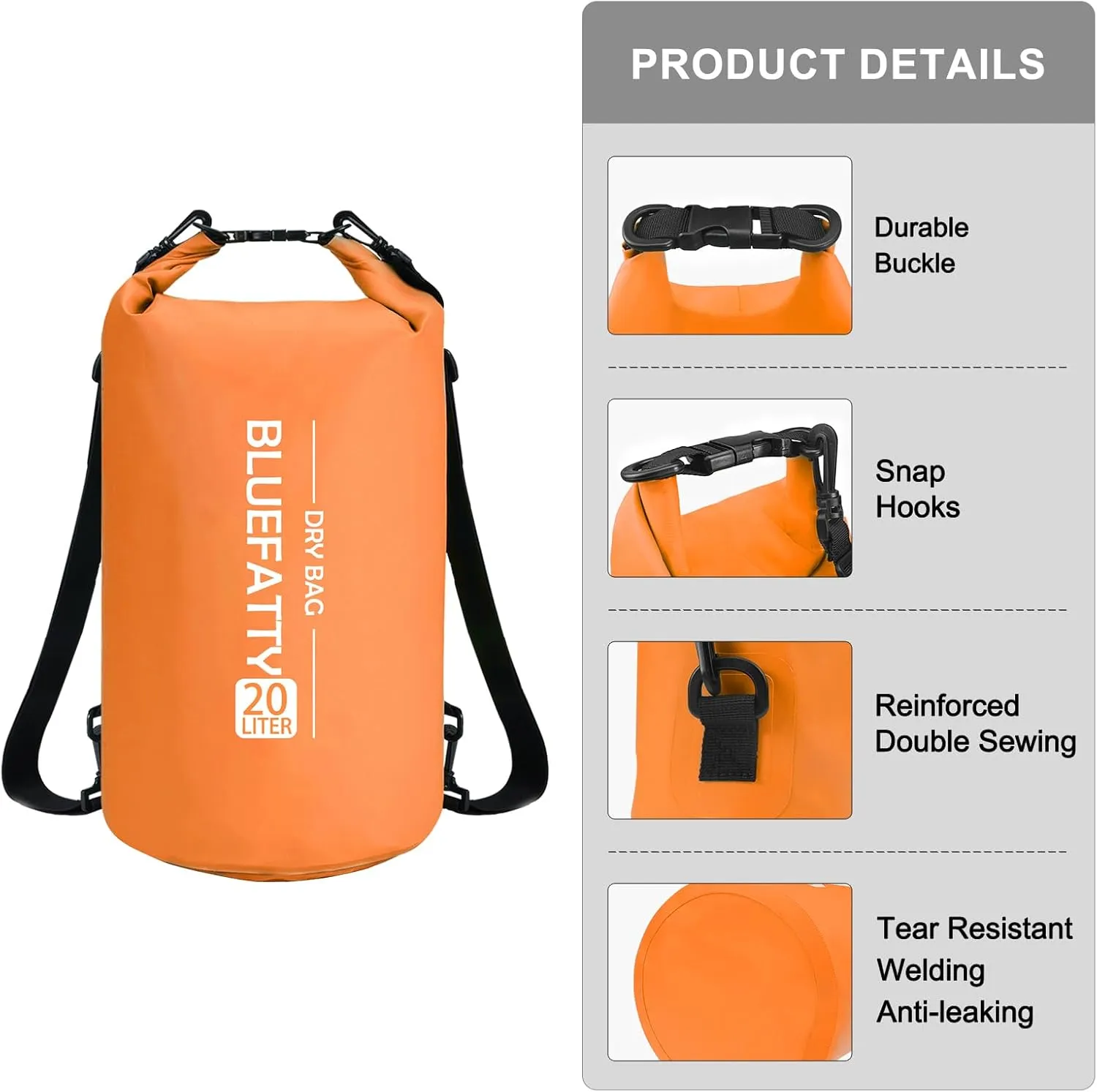 Waterproof Dry Bag Floating Roll Top Dry Backpack for Kayaking, Rafting, Boating, SUP, Fishing with IPX8 Waterproof Phone Case, Orange, 20L