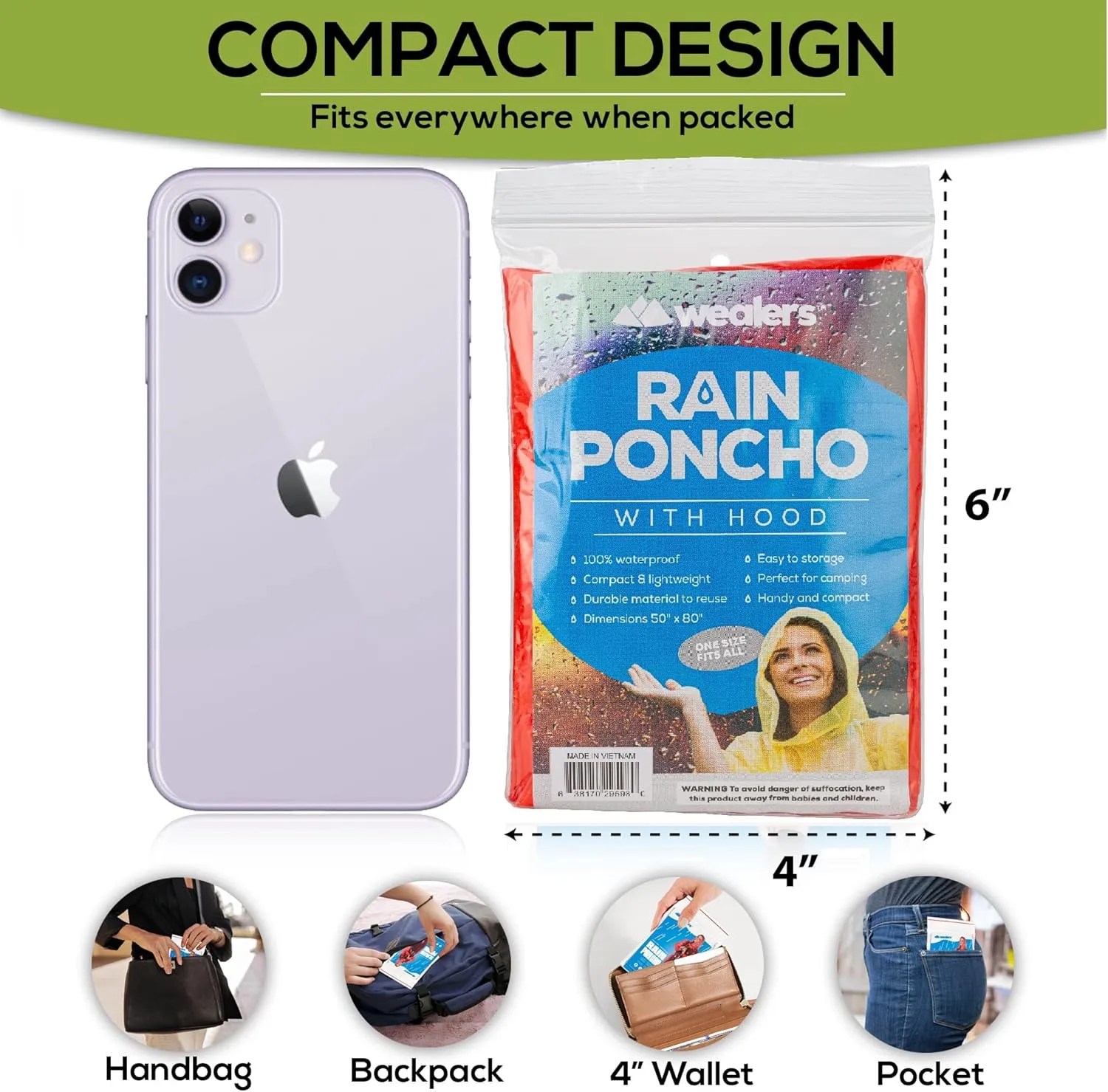 Wealers Rain Ponchos for Adults Teens Disposable Bulk Pack Emergency Raincoat Parks Outdoors Multi Colors Waterproof