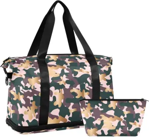 Weekender Bag for Women, Militaristic Warfare Camouflage Gym Bag Sports Duffle Bag Travel Tote Bag with Toiletry Bag Shoes Compartment Dry/Wet Separation Swim Bag