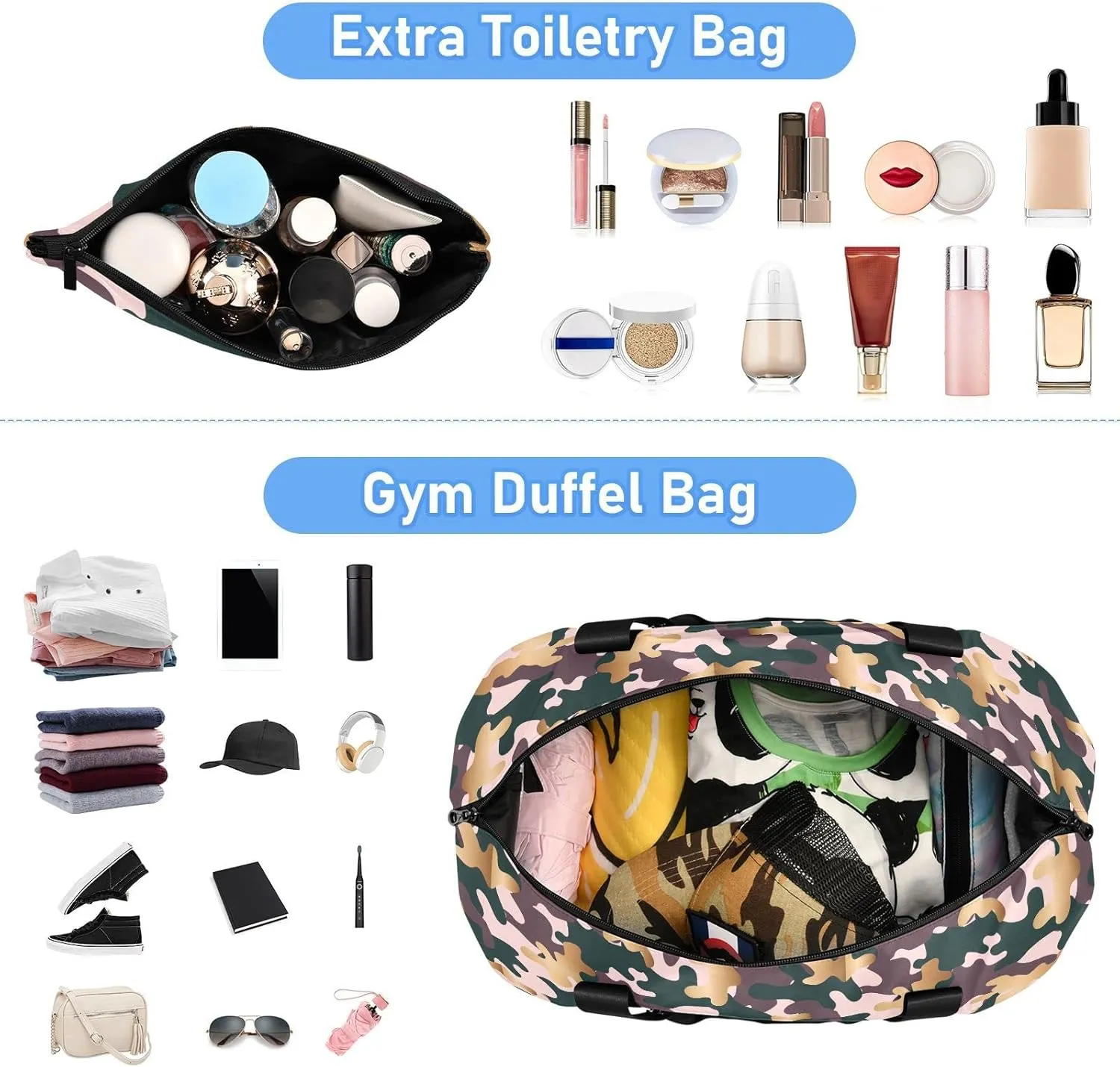 Weekender Bag for Women, Militaristic Warfare Camouflage Gym Bag Sports Duffle Bag Travel Tote Bag with Toiletry Bag Shoes Compartment Dry/Wet Separation Swim Bag
