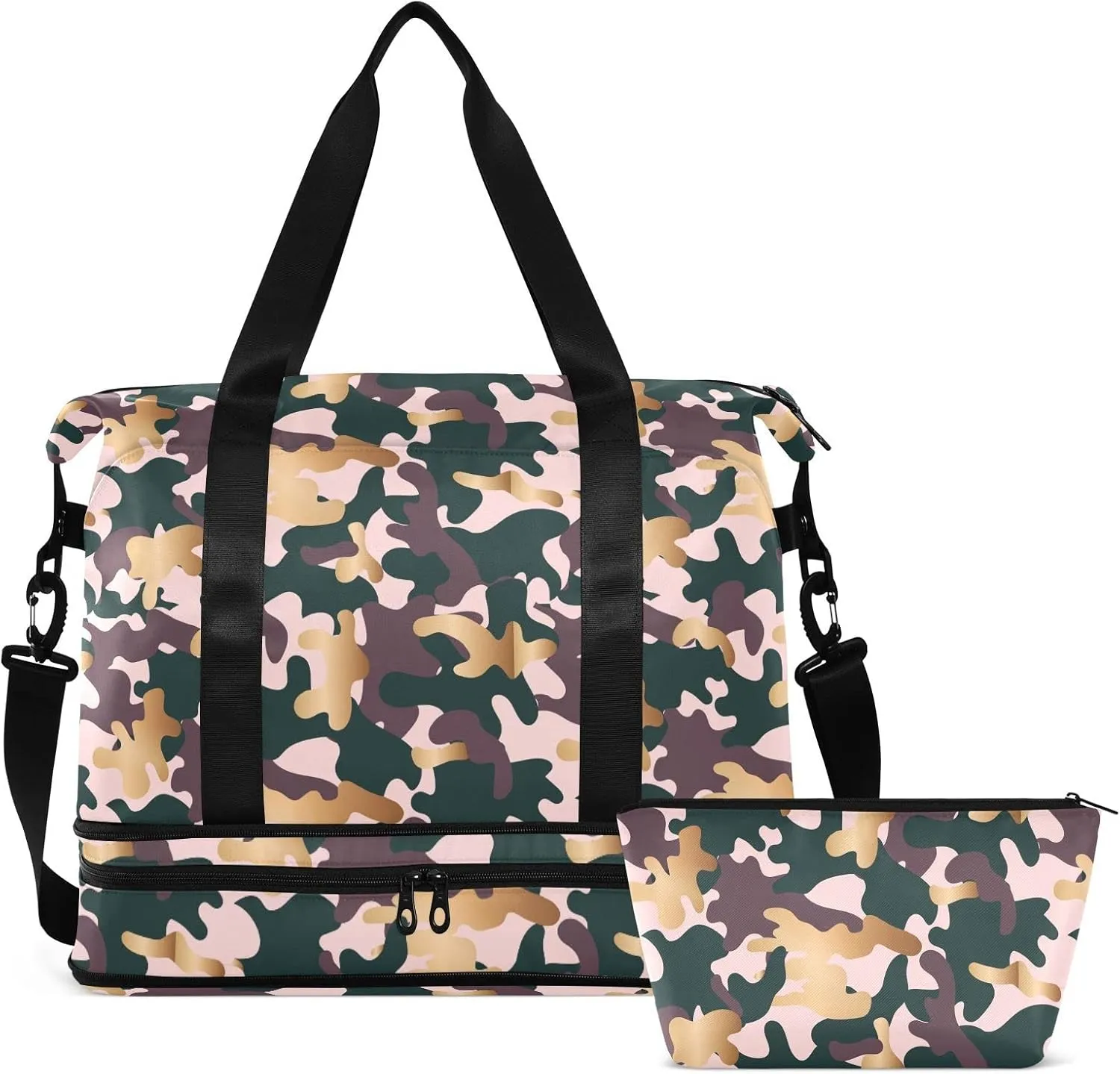 Weekender Bag for Women, Militaristic Warfare Camouflage Gym Bag Sports Duffle Bag Travel Tote Bag with Toiletry Bag Shoes Compartment Dry/Wet Separation Swim Bag