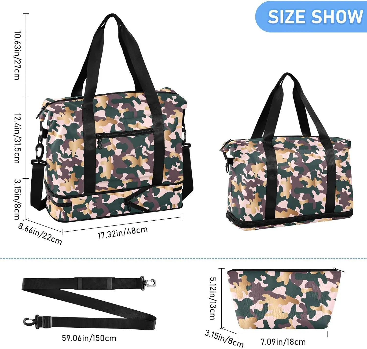 Weekender Bag for Women, Militaristic Warfare Camouflage Gym Bag Sports Duffle Bag Travel Tote Bag with Toiletry Bag Shoes Compartment Dry/Wet Separation Swim Bag