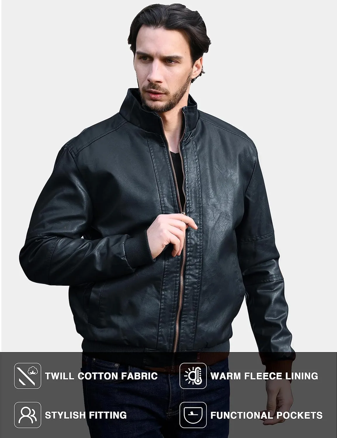 WenVen Men's Stand Collar Fleece Lined Bomber Faux Leather Jacket