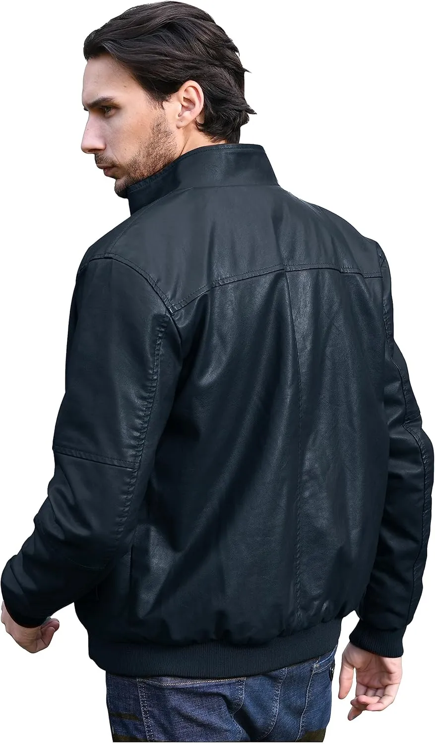 WenVen Men's Stand Collar Fleece Lined Bomber Faux Leather Jacket
