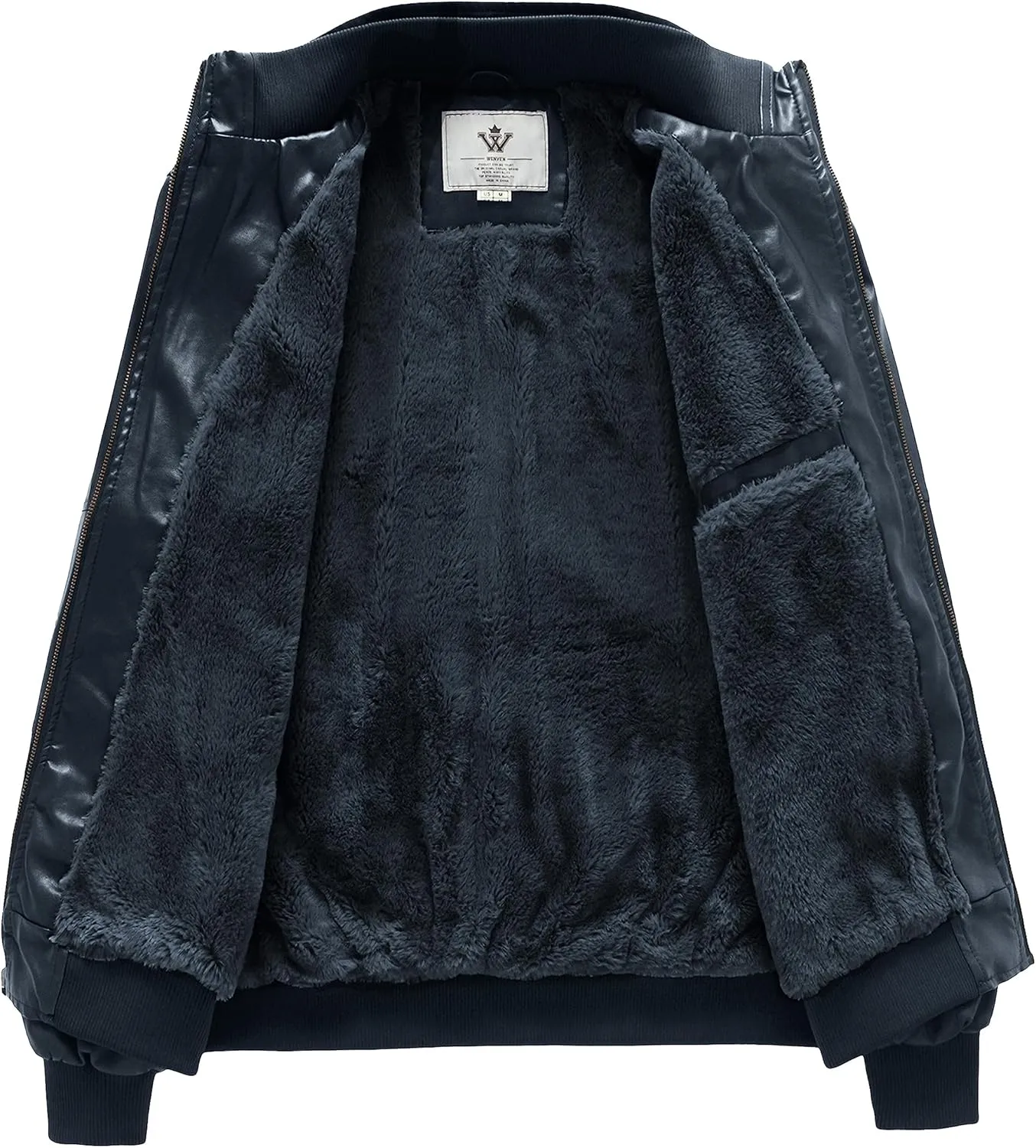 WenVen Men's Stand Collar Fleece Lined Bomber Faux Leather Jacket