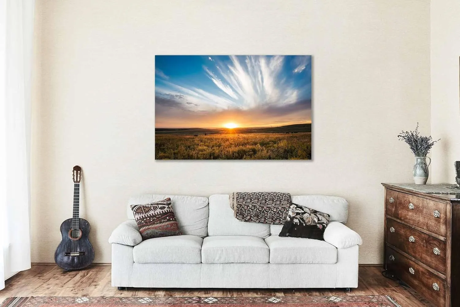 Western Canvas Wall Art (Ready to Hang) Gallery Wrap of Scenic Sunset Over Tallgrass Prairie in Oklahoma Great Plains Photography Nature Decor (1.5, 30" x 40")