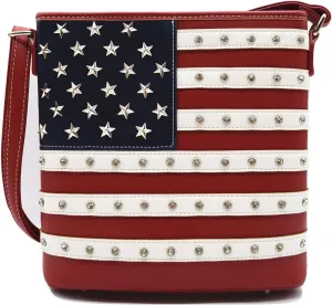 WESTERN ORIGIN American Flag Stars and Stripes Studs Crossbody Handbag USA Patriotic Women Purse Leather Single Shoulder Bag