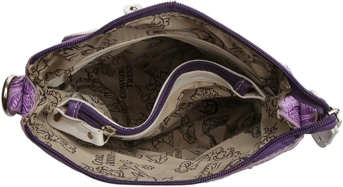 Western Style Metal Butterfly Rhinestone Studded Floral Tooled Leather Women Purse Crossbody Handbag Single Shoulder Bag