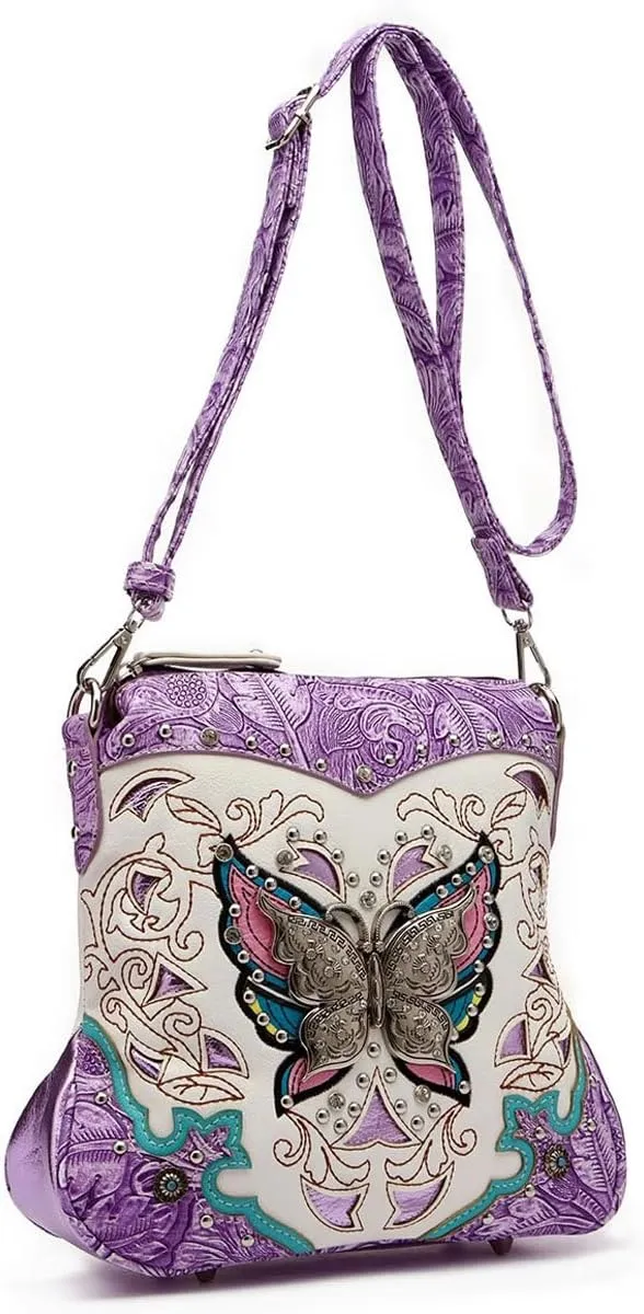Western Style Metal Butterfly Rhinestone Studded Floral Tooled Leather Women Purse Crossbody Handbag Single Shoulder Bag