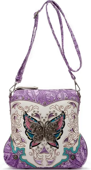 Western Style Metal Butterfly Rhinestone Studded Floral Tooled Leather Women Purse Crossbody Handbag Single Shoulder Bag
