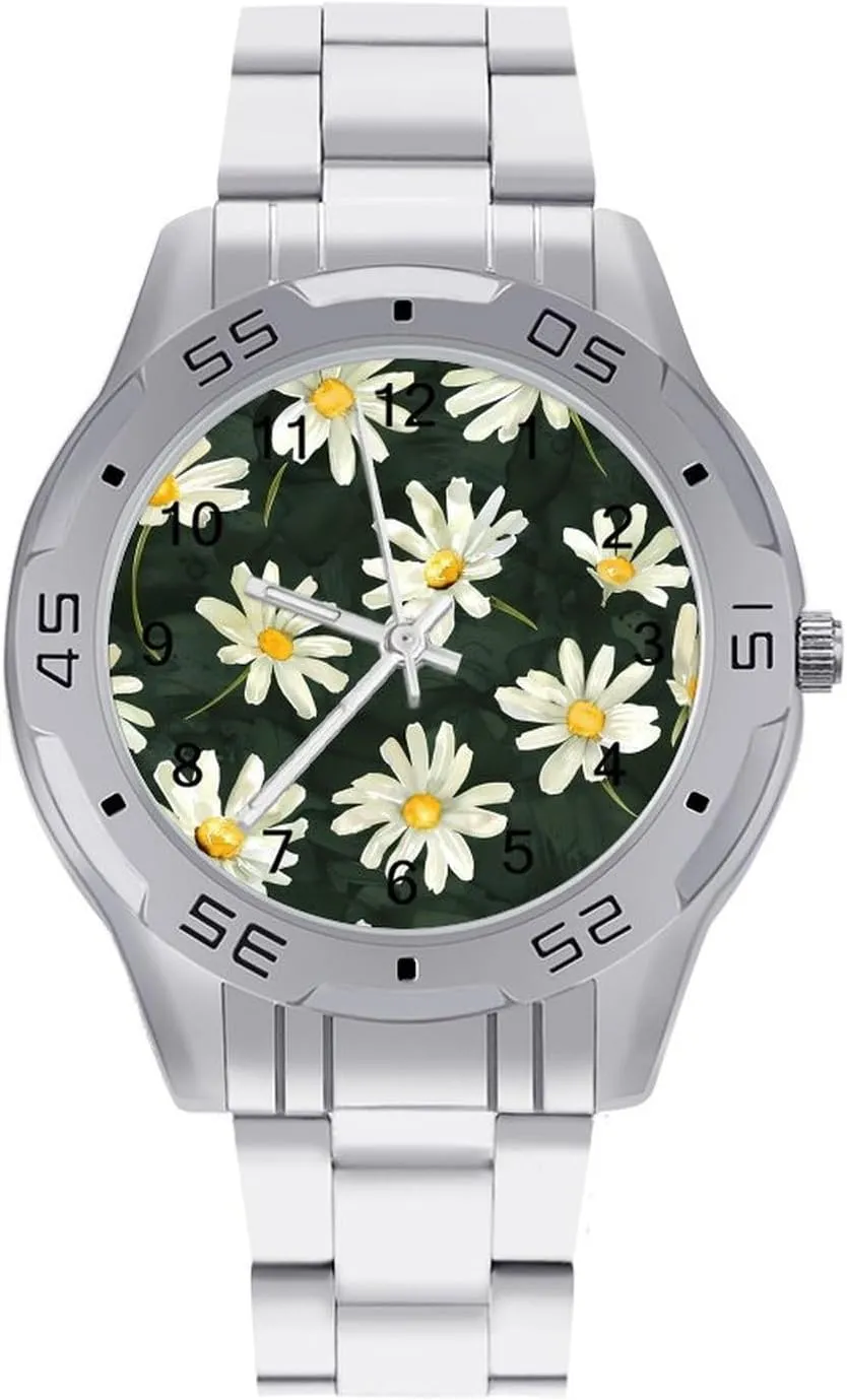 White Daisies Flowers Simple Stainless Steel Band Business Watch Dress Wrist Unique Luxury Work Casual Waterproof Watches