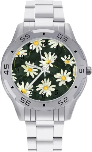 White Daisies Flowers Simple Stainless Steel Band Business Watch Dress Wrist Unique Luxury Work Casual Waterproof Watches