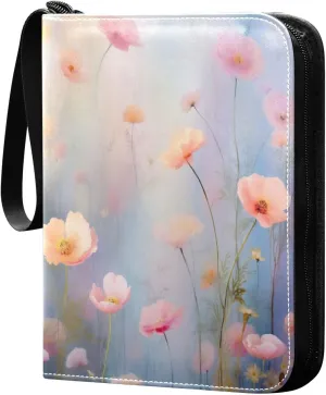 Wildflowers Painting Card Binder with 50 Removable Page Sleeves PU Leather Collectible Trading Card Albums Book with Zipper for Games Card,Baseball Cards
