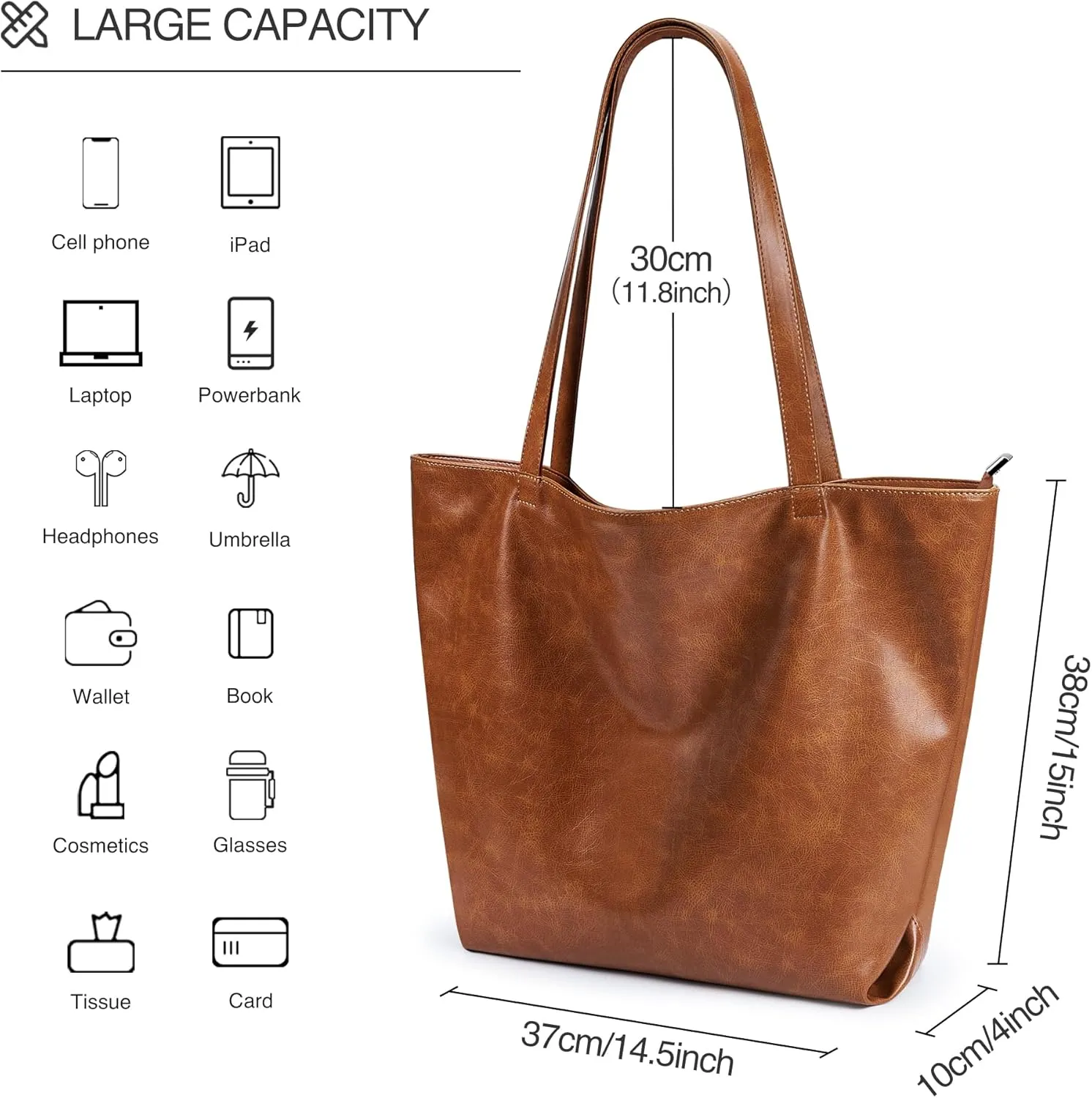 WLLWOO WLLWOO Soft PU Leather Tote Bag for Women Large Casual Hobo Handbags with Zipper Shoulder Work Bag Travel Purse