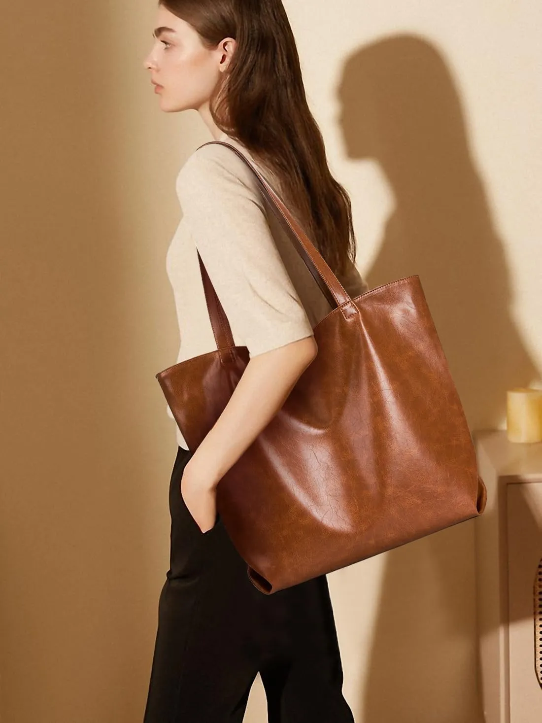 WLLWOO WLLWOO Soft PU Leather Tote Bag for Women Large Casual Hobo Handbags with Zipper Shoulder Work Bag Travel Purse
