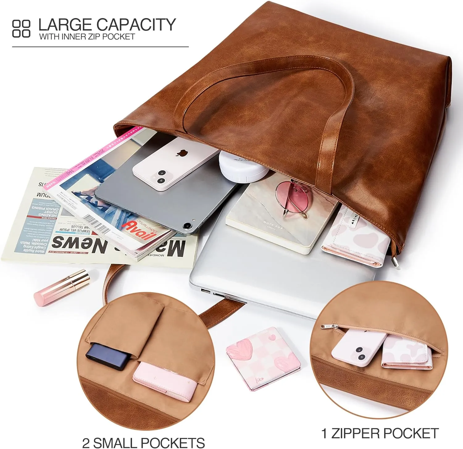 WLLWOO WLLWOO Soft PU Leather Tote Bag for Women Large Casual Hobo Handbags with Zipper Shoulder Work Bag Travel Purse
