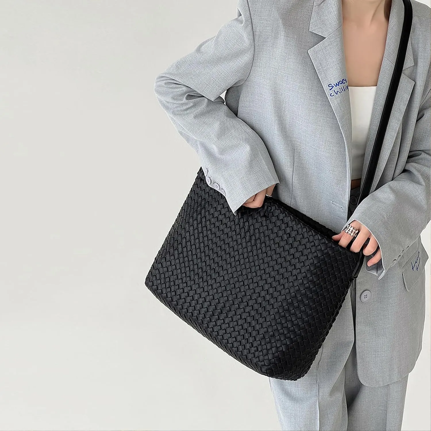 Women Boston Bag Woven Tote Vegan Leather Handbags Female Satchel Messenger Bag Fashion Shoulder Crossbody Bag Casual Hobo