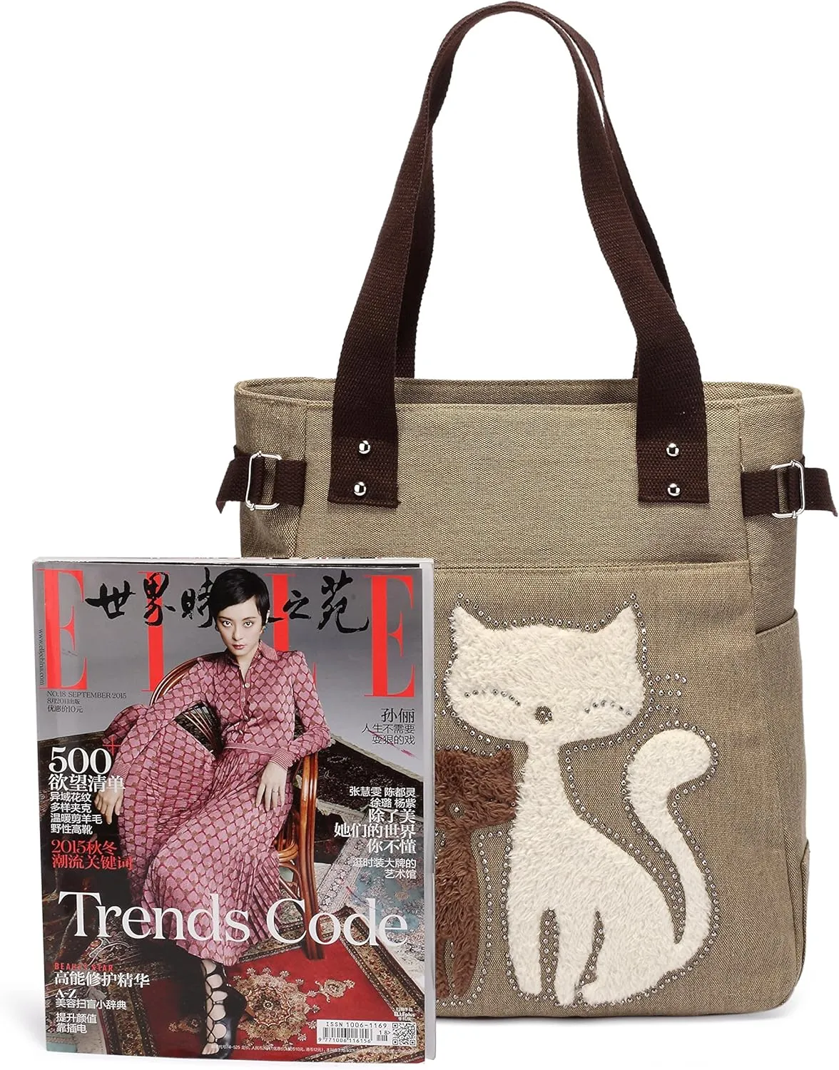 Women Canvas Handbag Kaukko Shoulder Bag Cat Big Tote Bag Khaki