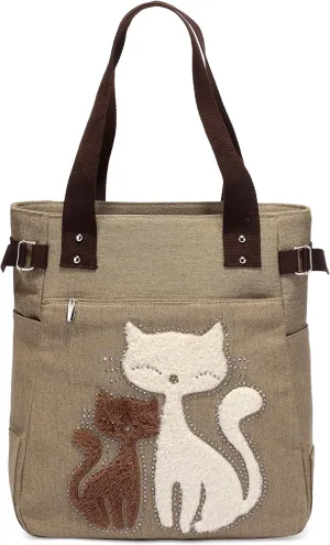Women Canvas Handbag Kaukko Shoulder Bag Cat Big Tote Bag Khaki