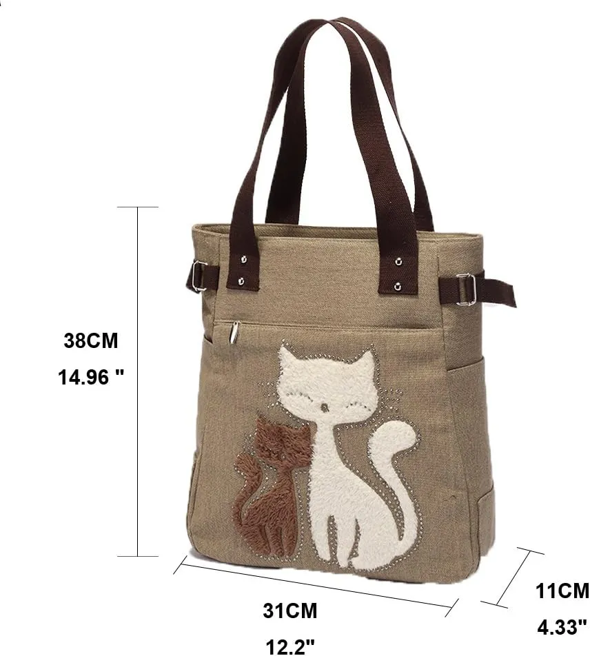 Women Canvas Handbag Kaukko Shoulder Bag Cat Big Tote Bag Khaki