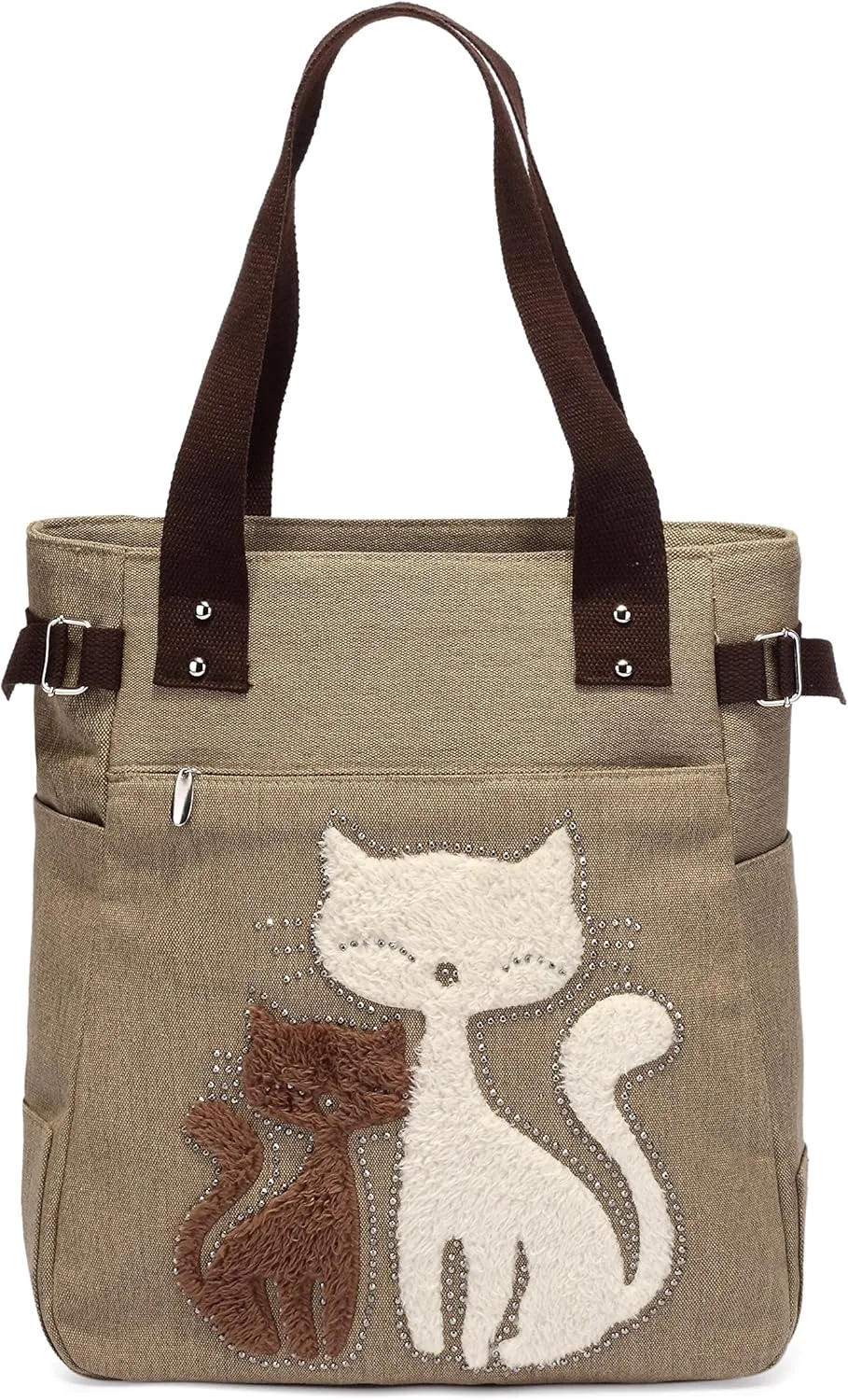 Women Canvas Handbag Kaukko Shoulder Bag Cat Big Tote Bag Khaki