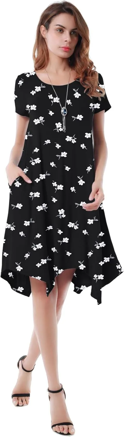 Women Casual Loose Soft Crewneck Short Sleeve Pockets Swing T-Shirt Dress