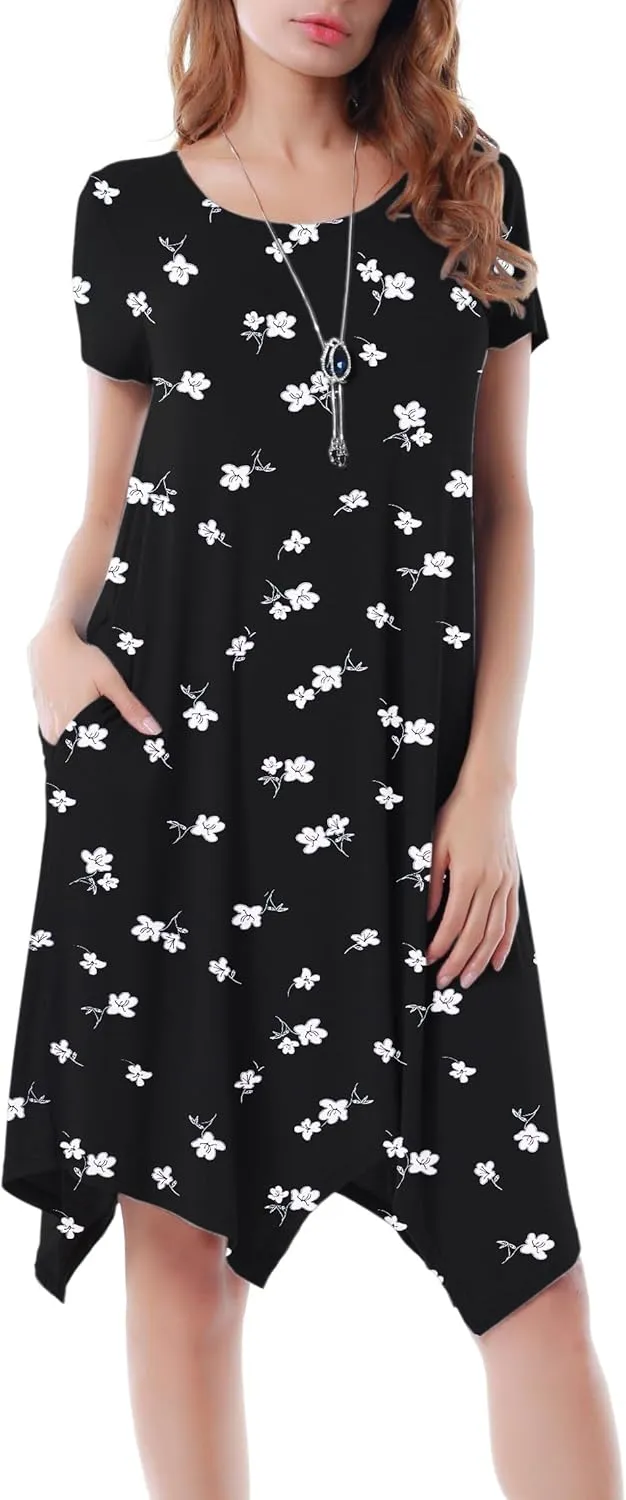 Women Casual Loose Soft Crewneck Short Sleeve Pockets Swing T-Shirt Dress