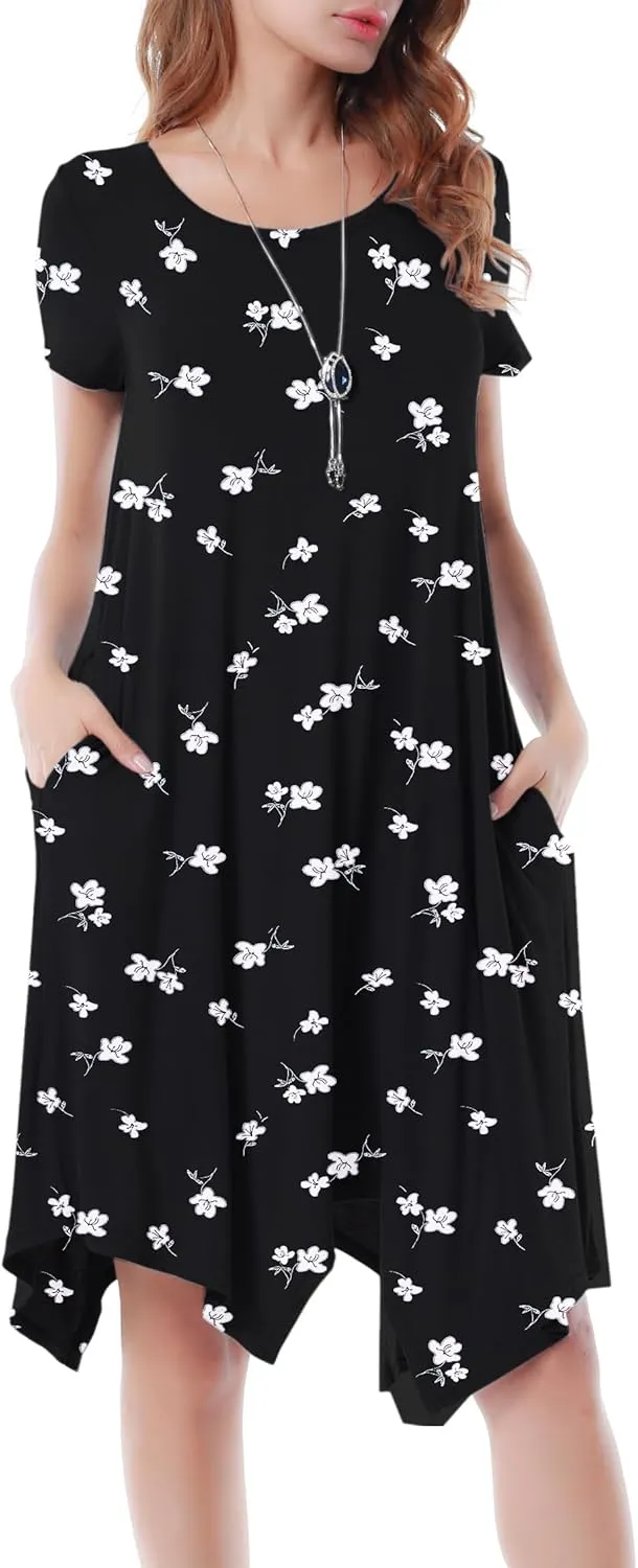 Women Casual Loose Soft Crewneck Short Sleeve Pockets Swing T-Shirt Dress