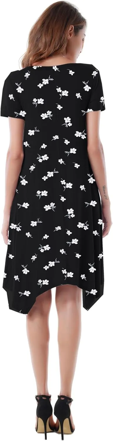 Women Casual Loose Soft Crewneck Short Sleeve Pockets Swing T-Shirt Dress