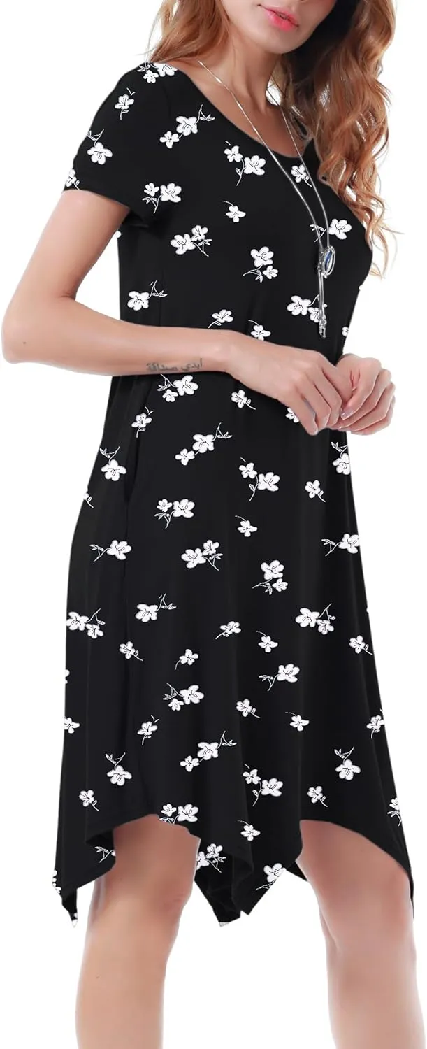 Women Casual Loose Soft Crewneck Short Sleeve Pockets Swing T-Shirt Dress