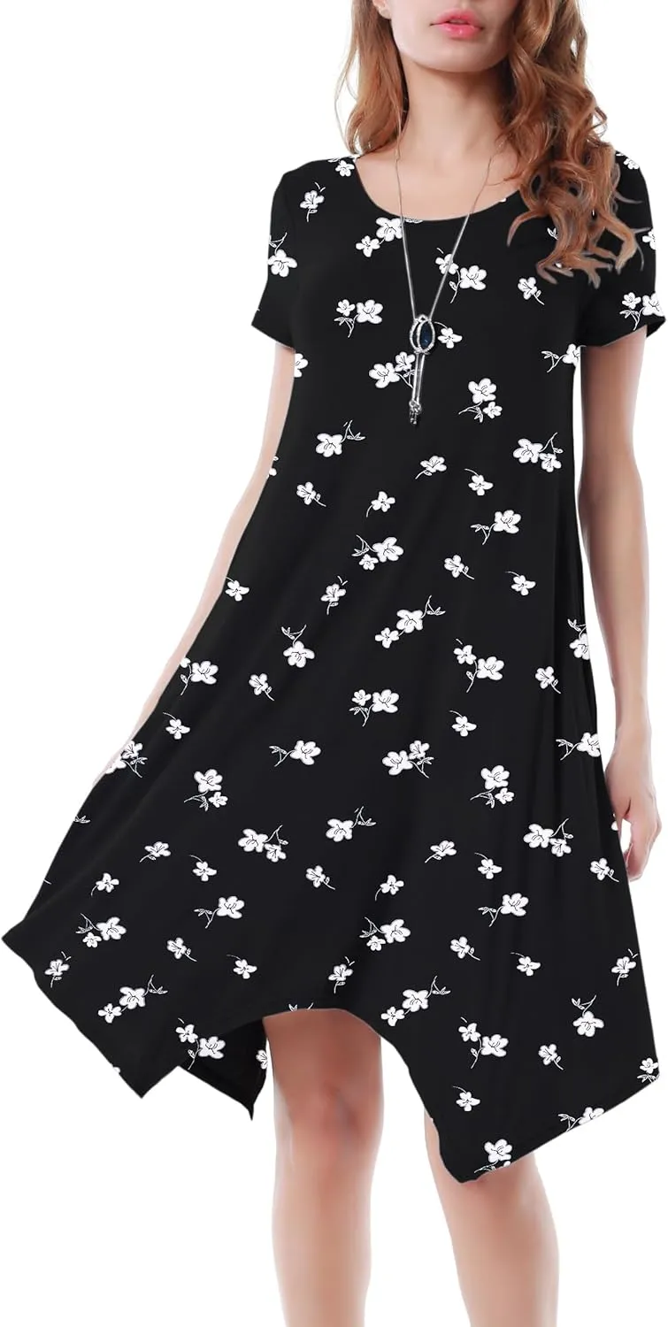 Women Casual Loose Soft Crewneck Short Sleeve Pockets Swing T-Shirt Dress